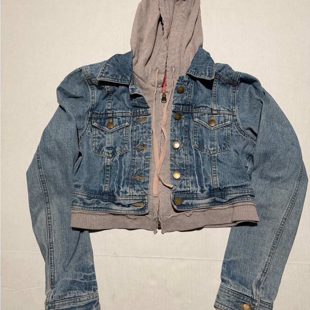 Rustic Denim Jean Jacket with‎ Grey Hood Women's Small #658